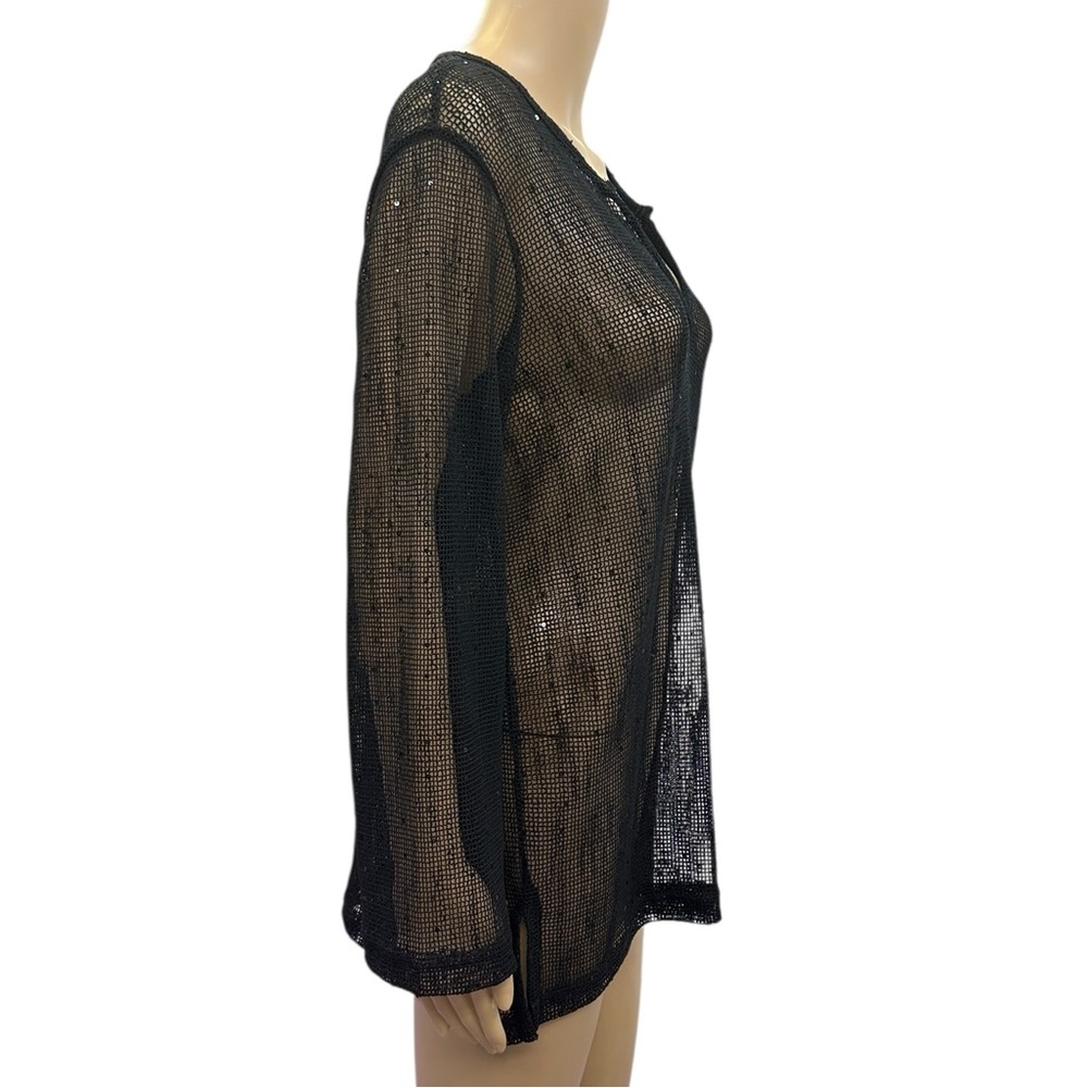 Sand N Sun Black Mesh Sequined Slit V Neck Beach Pullover Cover Up Womens Small - Picture 3 of 9